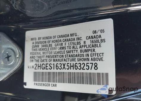 2005 Honda Civic Vp из США, поврежденный, VIN 2HGES163X5H632578